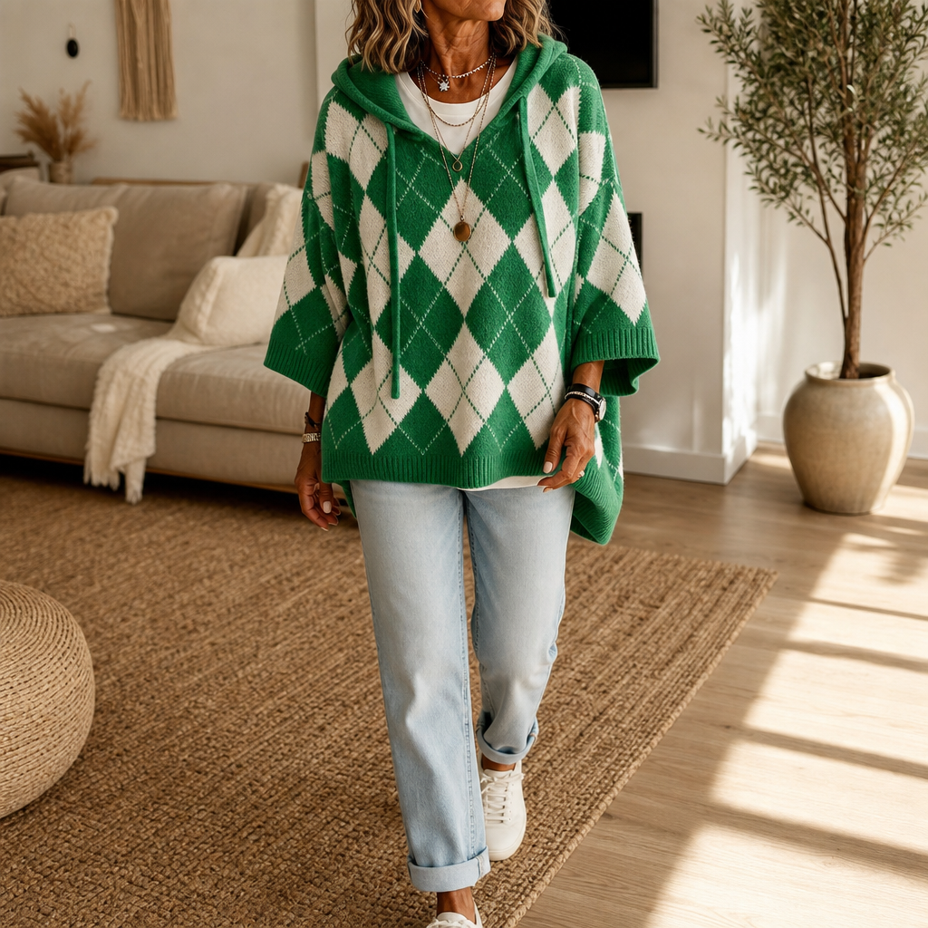Wrapbella – Hooded Argyle Batwing Poncho Sweater