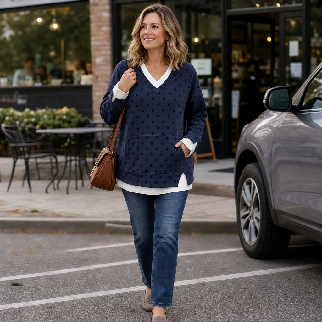 Wearbella – Layered-Look Polka Dot Pullover Sweatshirt
