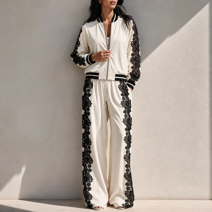 Lace & Leisure – Floral Lace Panel Track Jacket And Wide-Leg Pants Set