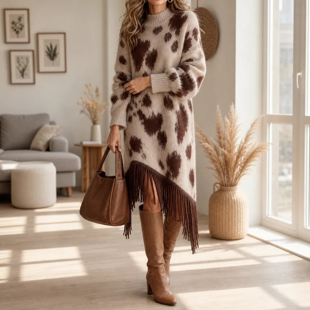 Fringefield – Cow-Print Knit Fringe-Hem Sweater Dress