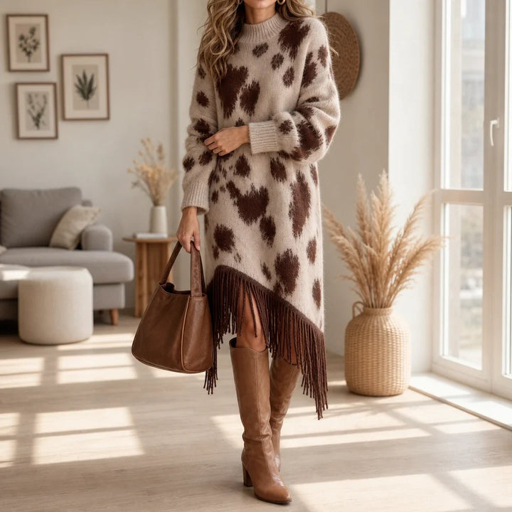 Fringefield – Cow-Print Knit Fringe-Hem Sweater Dress