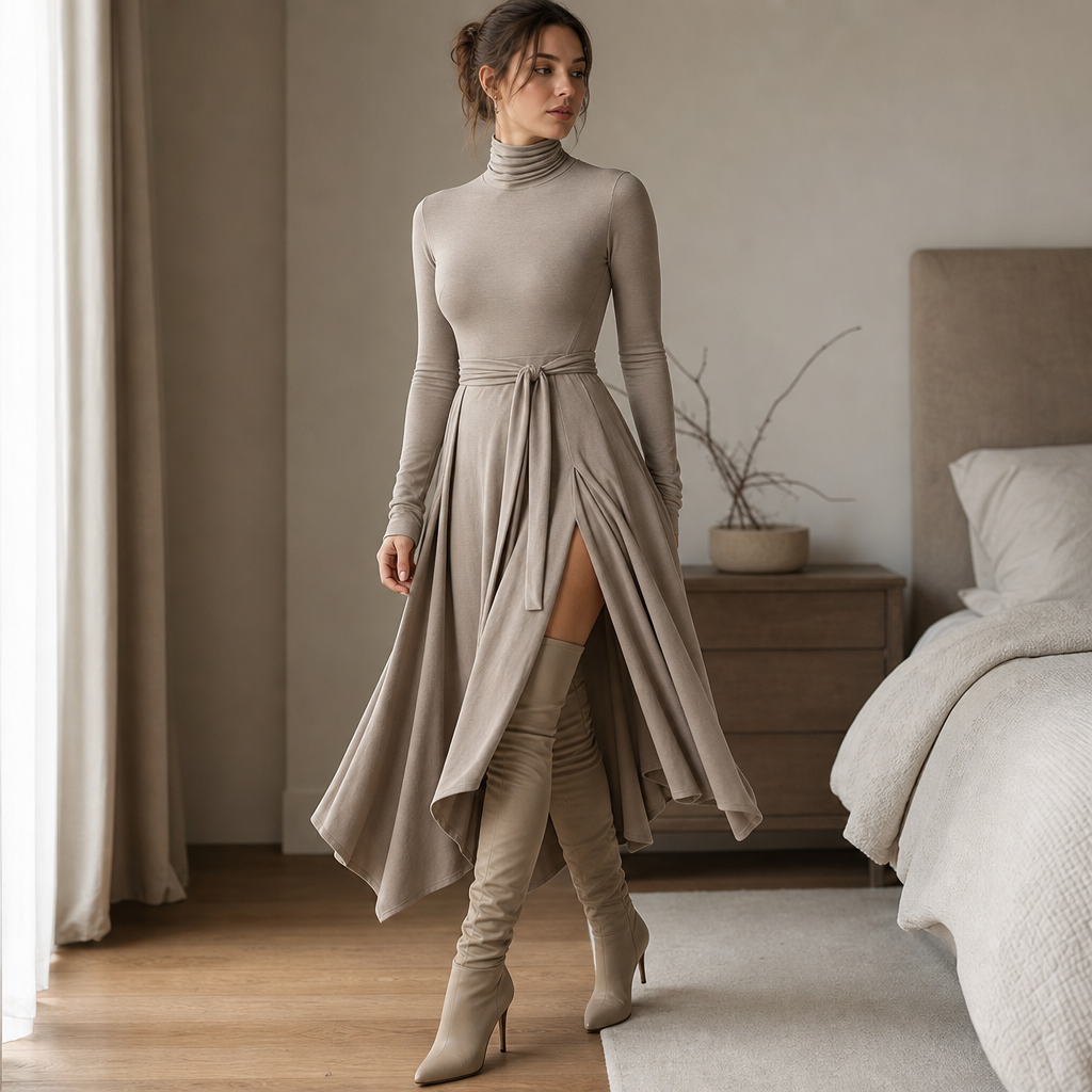 Wearbella – Turtleneck Ribbed Knit Slit Midi Dress