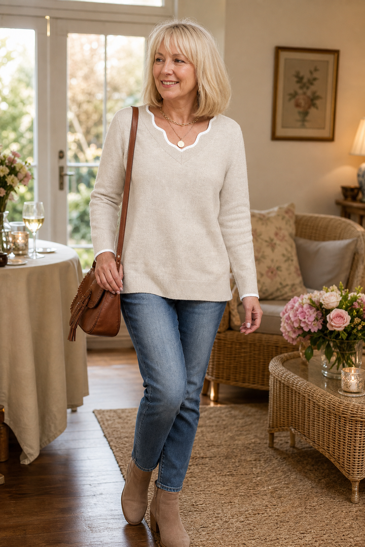 Wearbella – Wavy-Trim V-Neck Knit Top