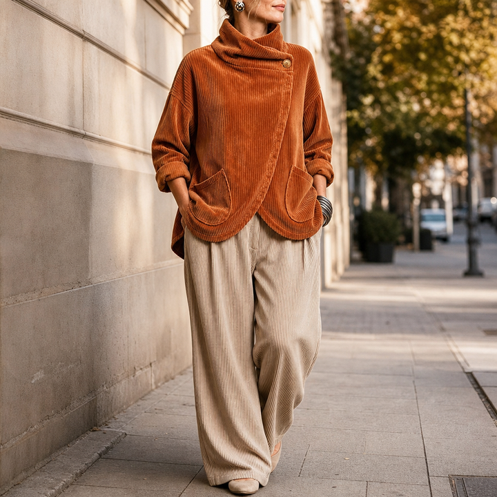 Draperie – Asymmetric Button-Wrap Corduroy Top