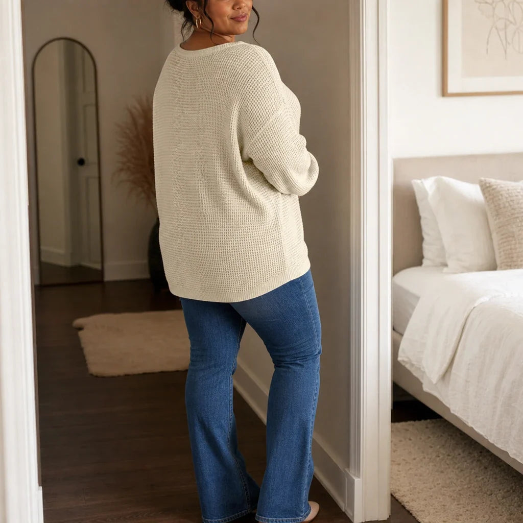 Vellune – V-Neck Waffle-Knit Long Sleeves Sweater