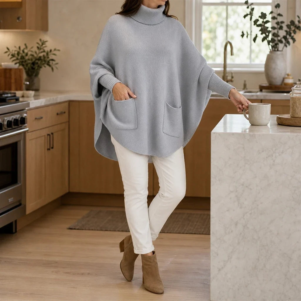 Veloura – Oversized Turtleneck Pocket Poncho Sweater