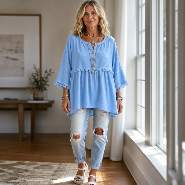 Fringe & Found – Tassel Trim Button-Front Long Sleeve Tunic