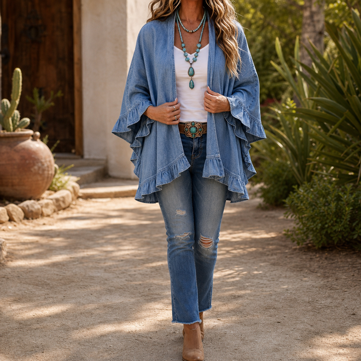 Ruffledenim – Ruffle-Trim Open-Front Denim Look Cardigan