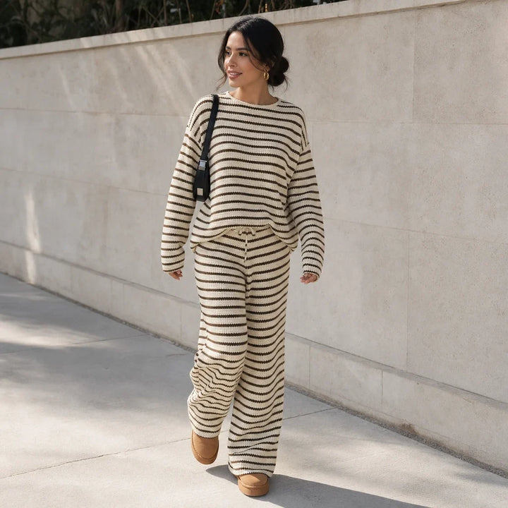 Stripe & Ease – Striped Long-Sleeve Top And Wide-Leg Pants Set