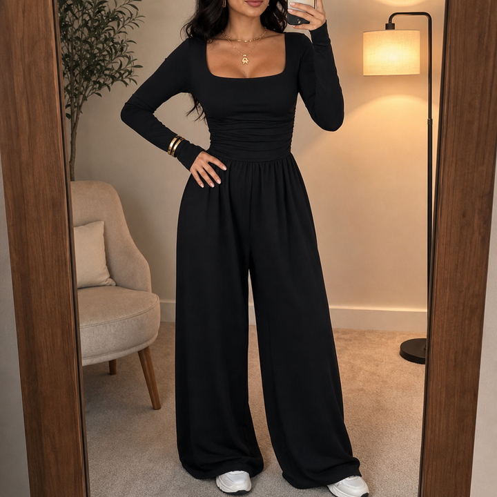 Wearbella – Ruched Waist Square Neck Wide-Leg Jumpsuit