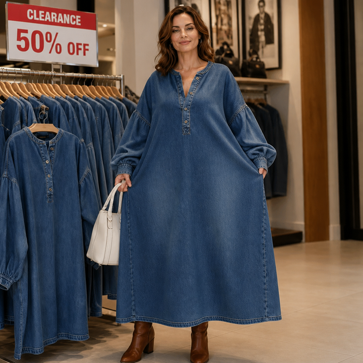 Denara – Denim Maxi Dress That Moves And Still Holds Its Shape