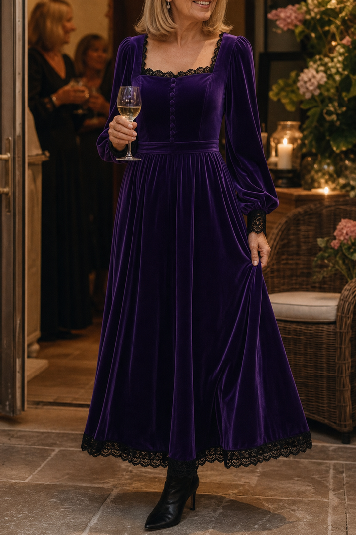 Velourette – Square Neck Fitted Waist Velvet-Look Midi Dress