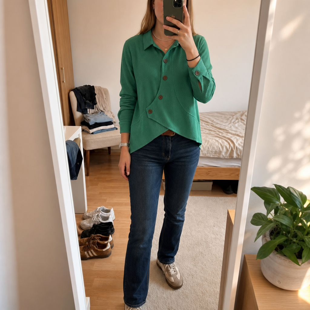 Draperau – Waffle-Knit Asymmetric Placket Top