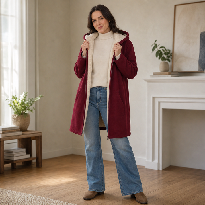 Cozelle – Fleece-Lined Look Hooded Mid-Length Jacket