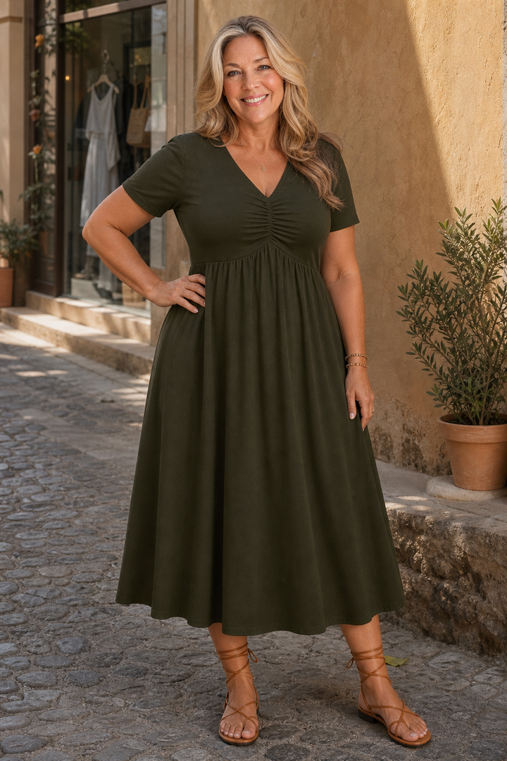 Wearbella – Ruched V-Neck Flared Midi Dress
