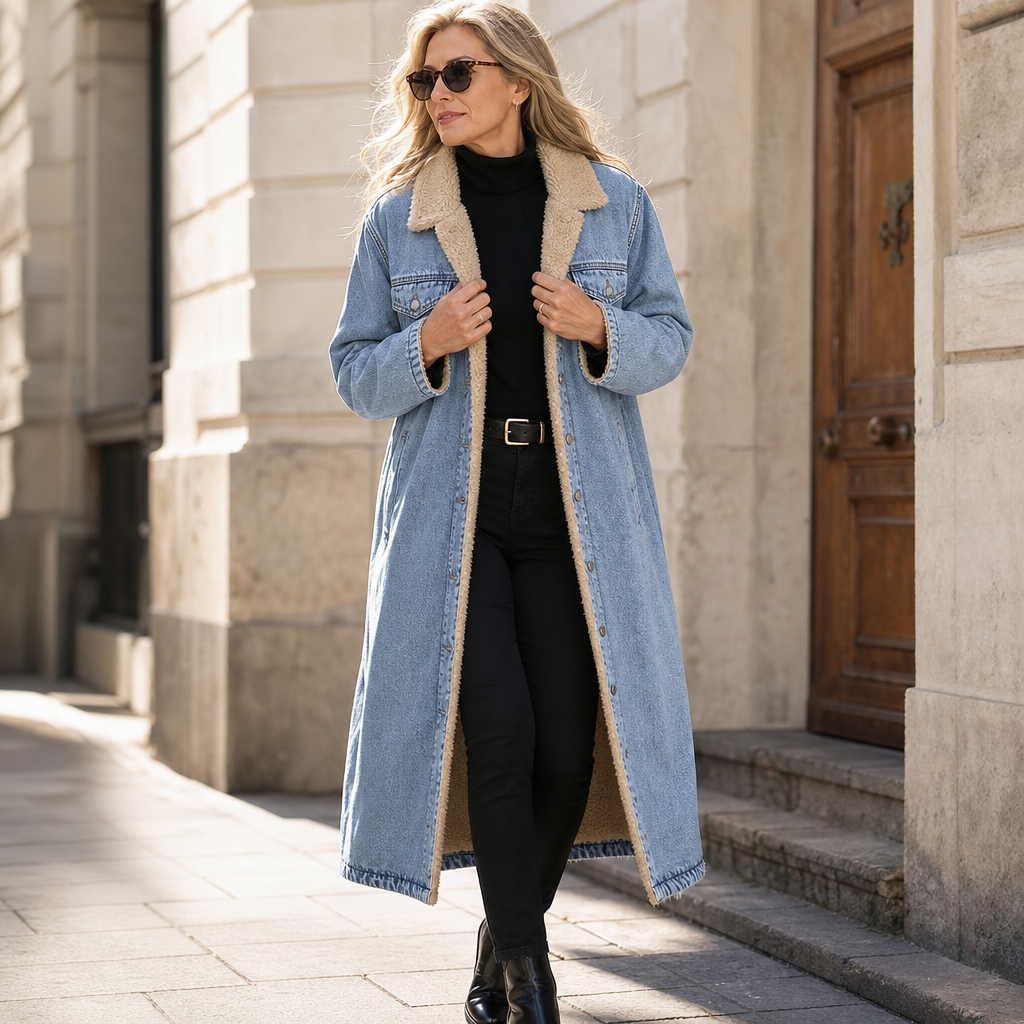 Denora – Sherpa-Lined Full-Length Denim Coat