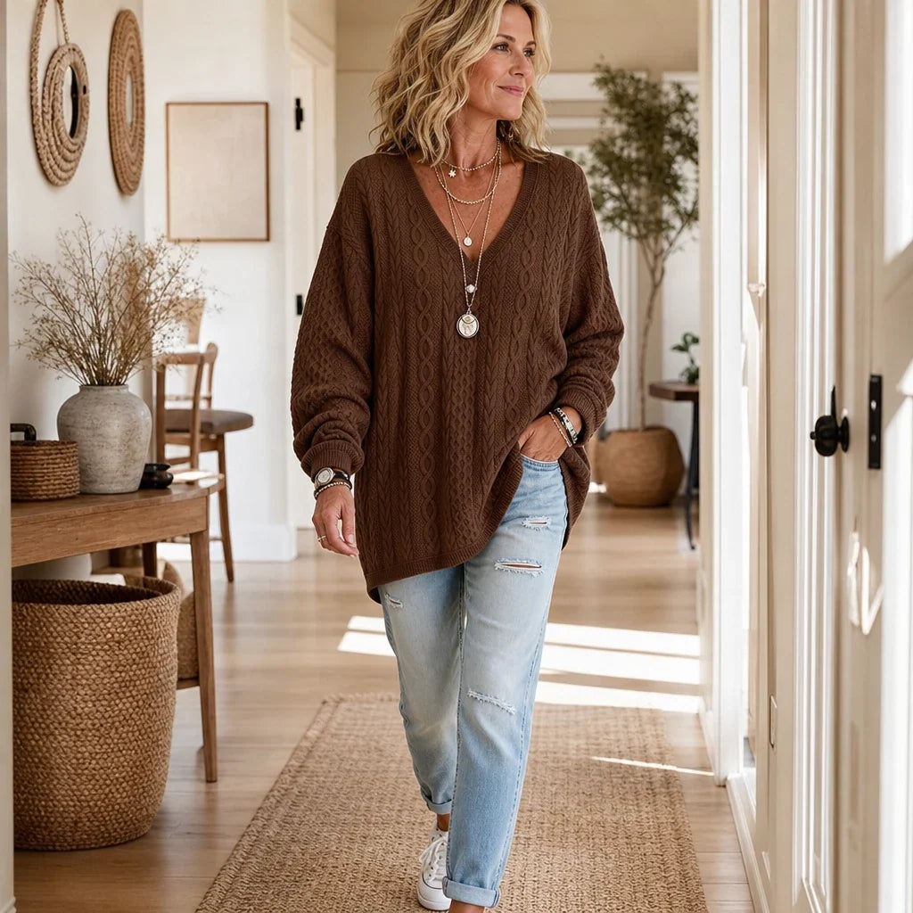 Vela – Loose V-Neck Cotton-Blend Top