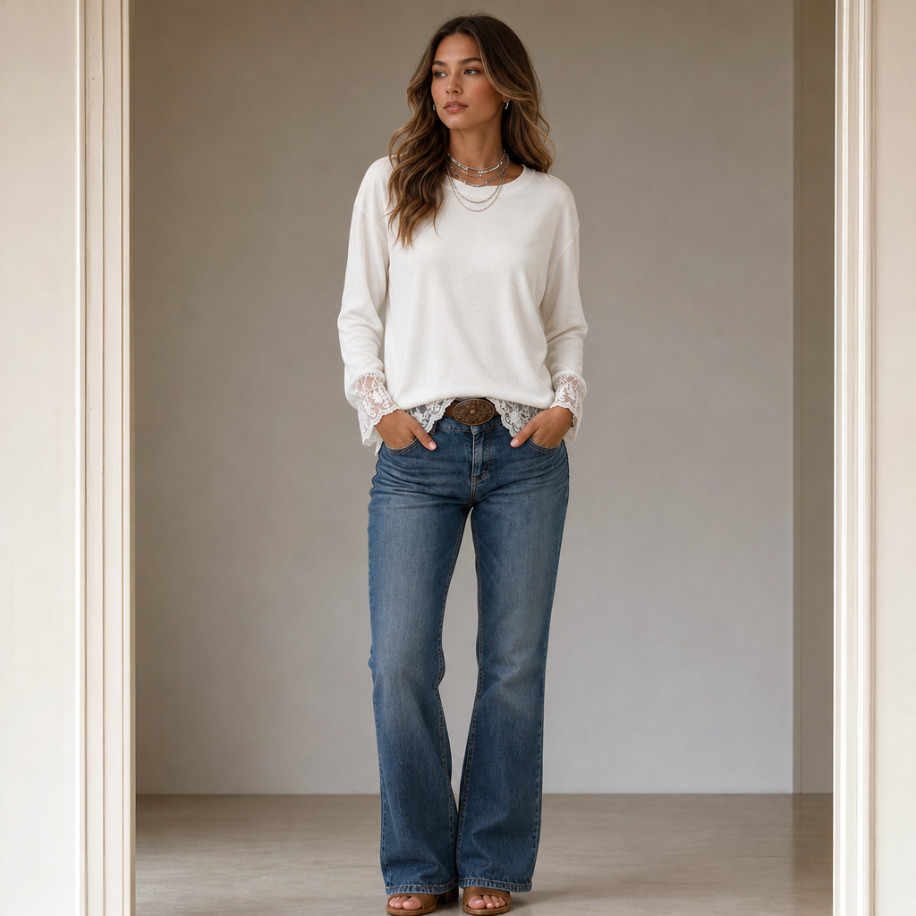 Lacewell – Sheer Lace Neckline Long-Sleeve Top