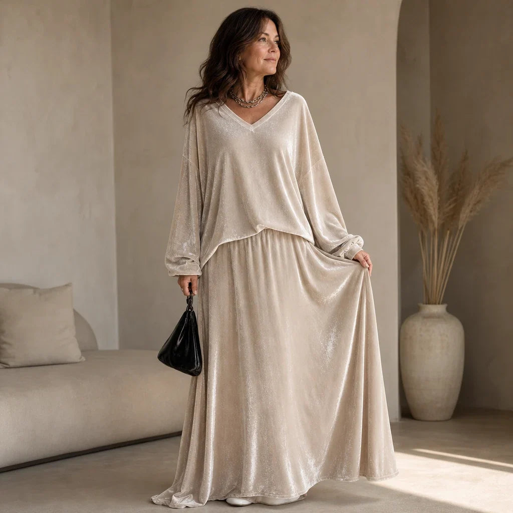 Veloura – Relaxed Velvet Top And Flared Maxi Skirt Set