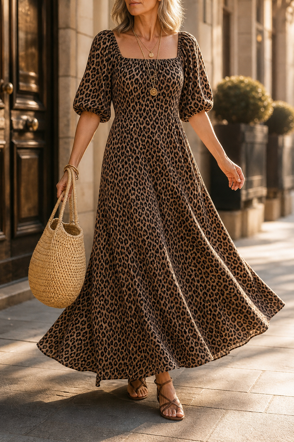 Wearbella – Coffee Leopard Square Neck Maxi Dress