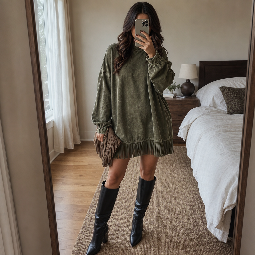Swayelle – High-Neck Faux-Suede Fringe Mini Dress
