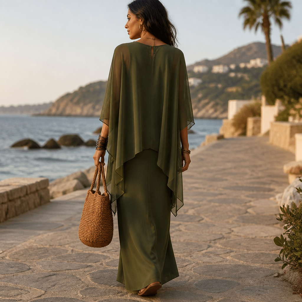 Draperie – Cape Sleeve Asymmetric Hem Maxi Dress
