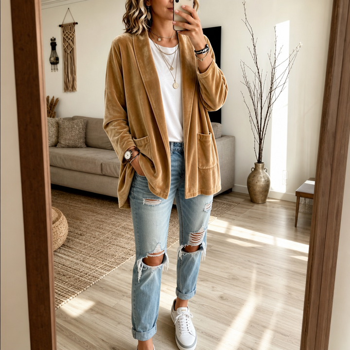Velvetelle – Textured Velvet Shawl-Collar Open-Front Cardigan