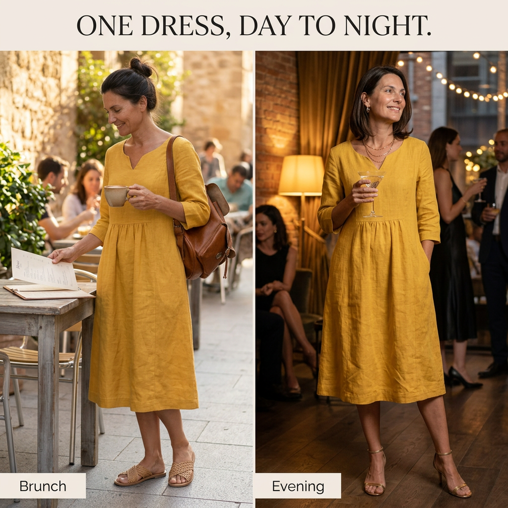 Solenne™ – Relaxed V-Neck Midi Dress with Pockets