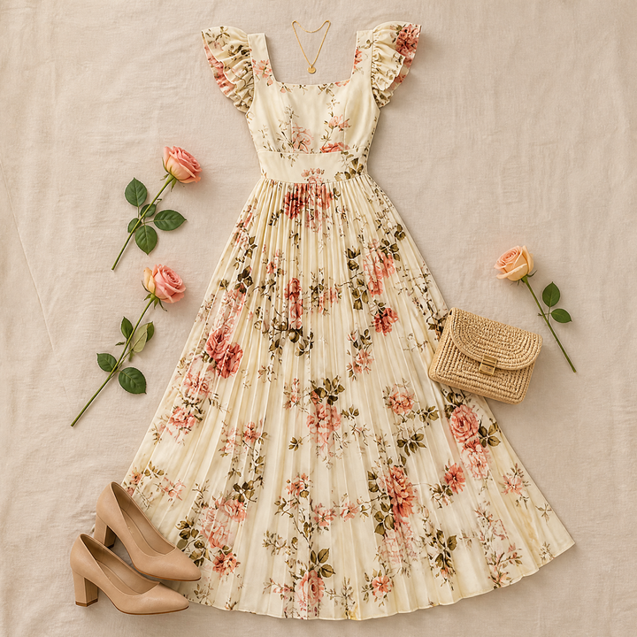 Florelle™ - Square-Neck Floral Pleated Maxi Dress