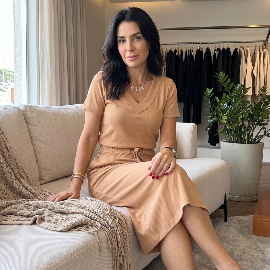 Saviya™ – Ribbed V-Neck Top and Midi Skirt Set