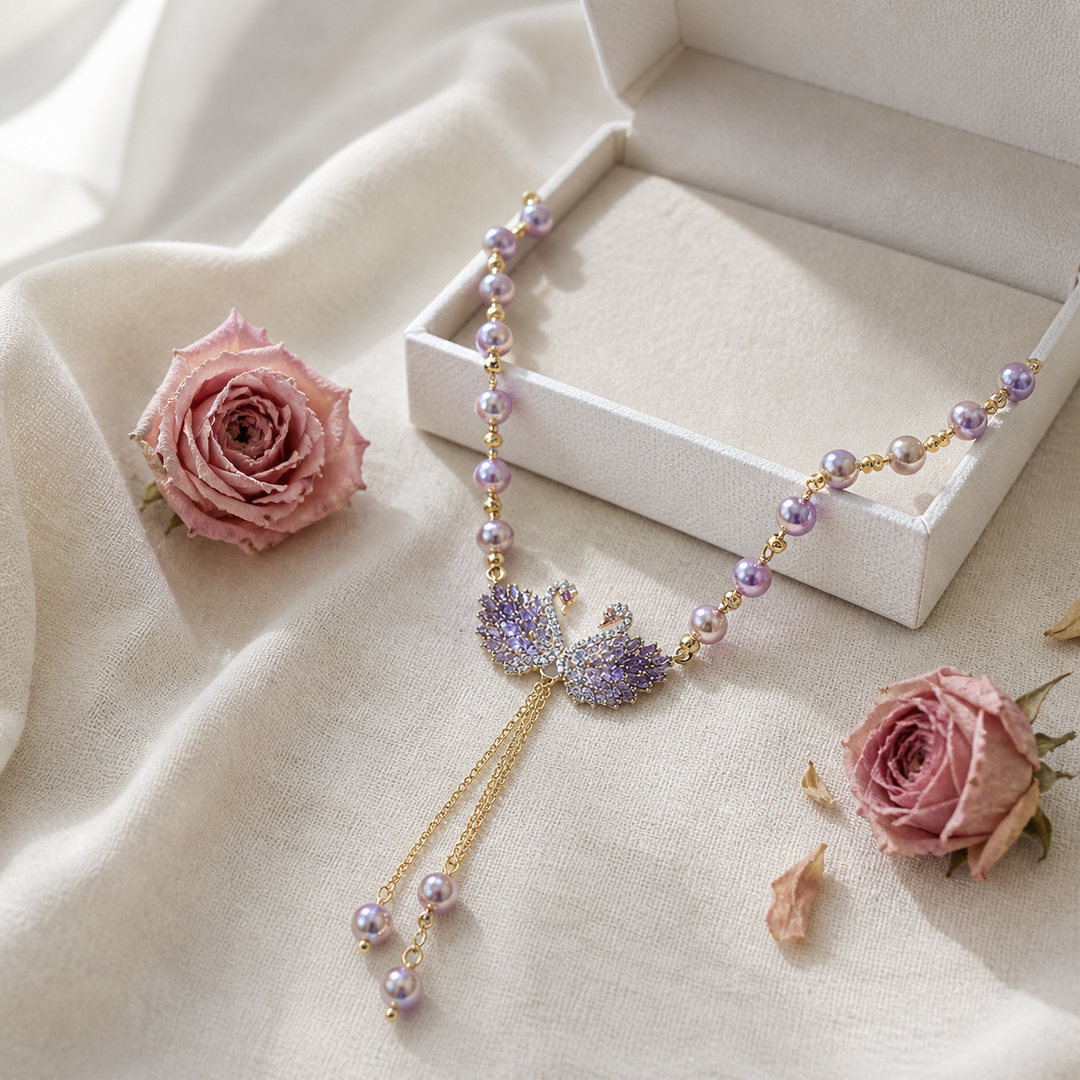 Lunabelle™ Twin-Swan Pearl Tassel Necklace