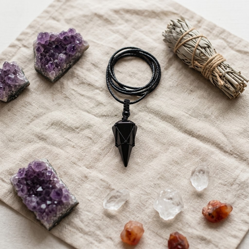 Noctera™ – Macramé-Wrapped Obsidian Pendant