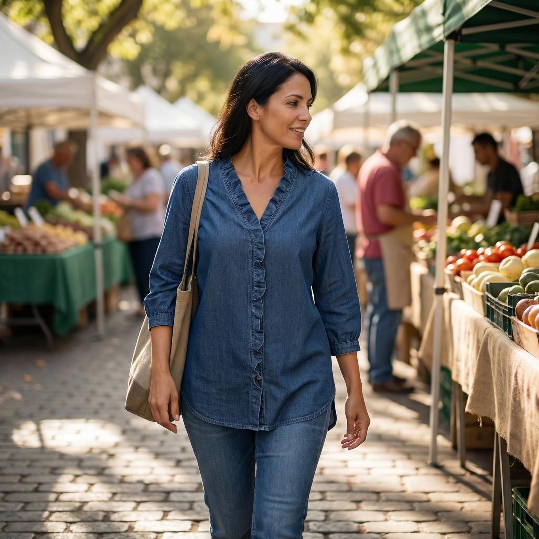 Vivara™ – Soft Ruffle V Neck Denim Blouse