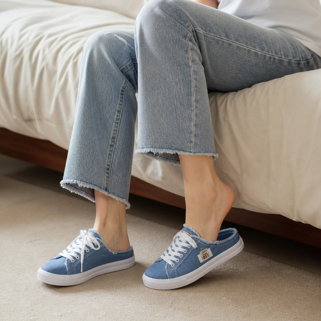 Vellora™ – Frayed Denim Slip-On Sneakers