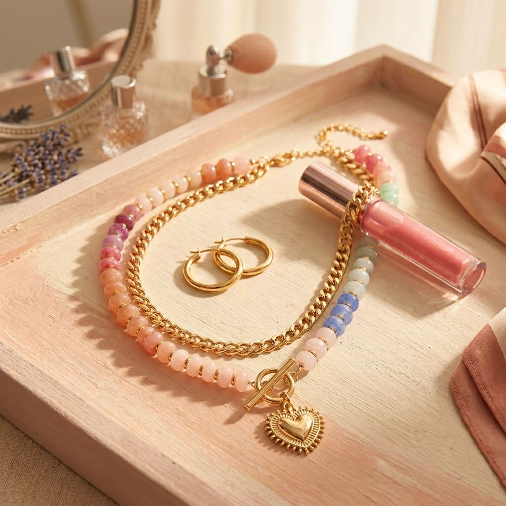 Lunavia™ – Pastel Bead Layered Necklace with Gold Heart**