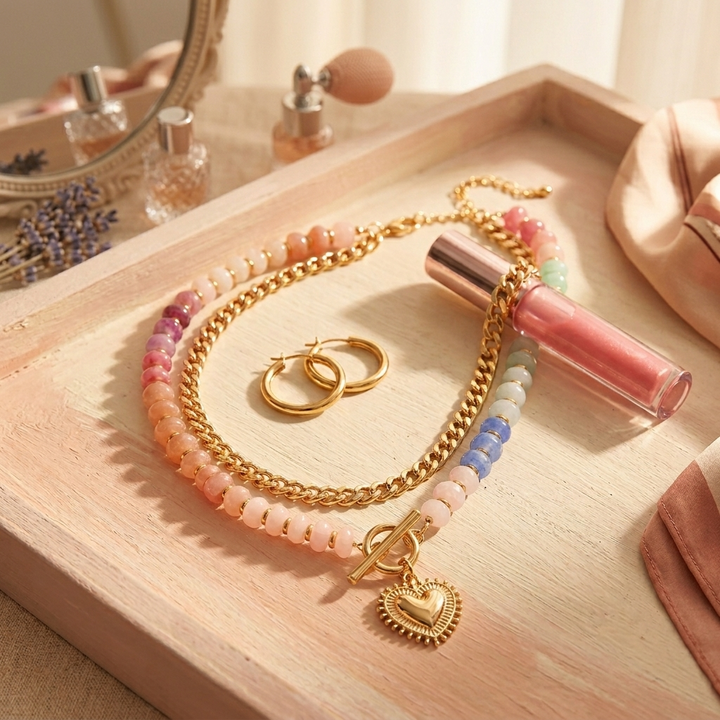 Lunavia™ – Pastel Bead Layered Necklace with Gold Heart**