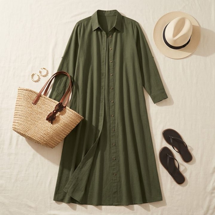 Marivelle™ – Effortless Maxi Shirt Dress with Pockets