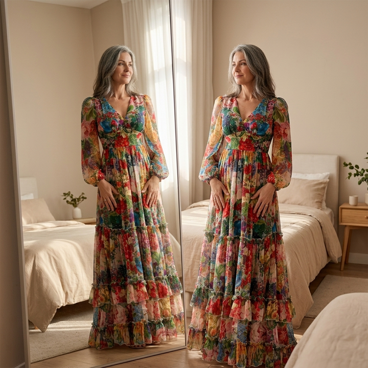 Floressa™ – Tiered Floral Maxi Dress with Lantern Sleeves