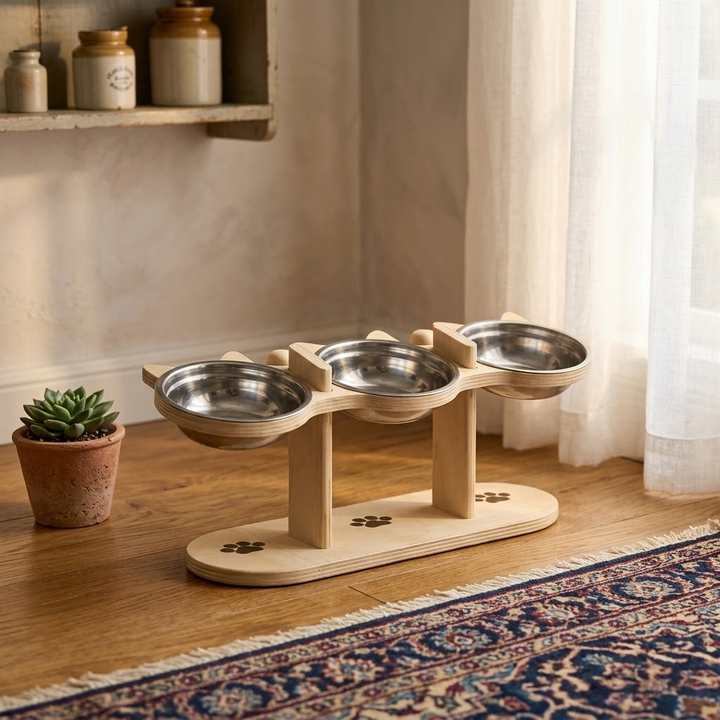 PawNest™ 3-Bowl Wooden Pet Feeding Station