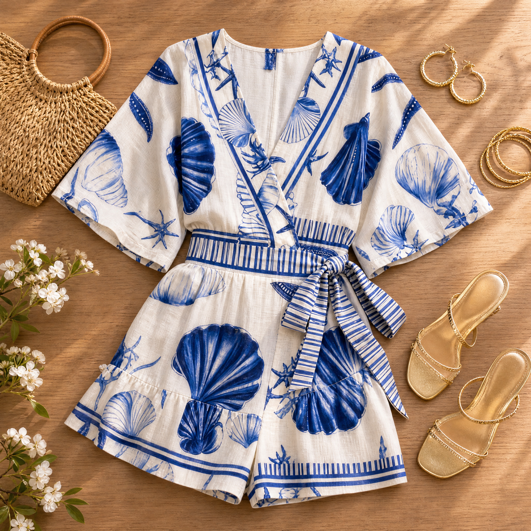 Shellini™ – Coastal Shell Print Wrap Romper