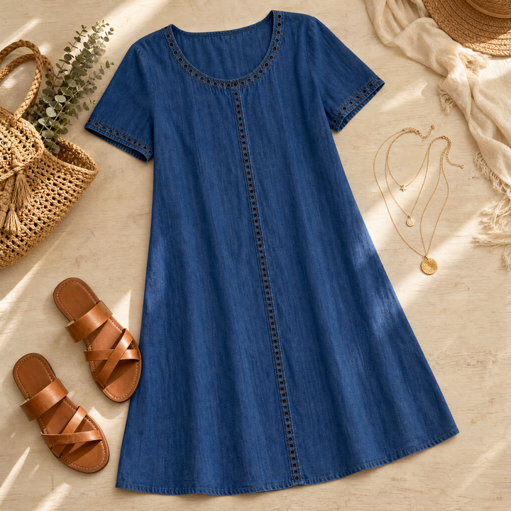 Lunavia™ Eyelet Trim Linen Midi Dress for Effortless Summer Style