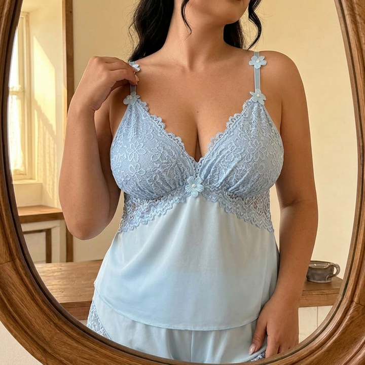 Lunessa™ — Lace Trim Satin Pajama Set