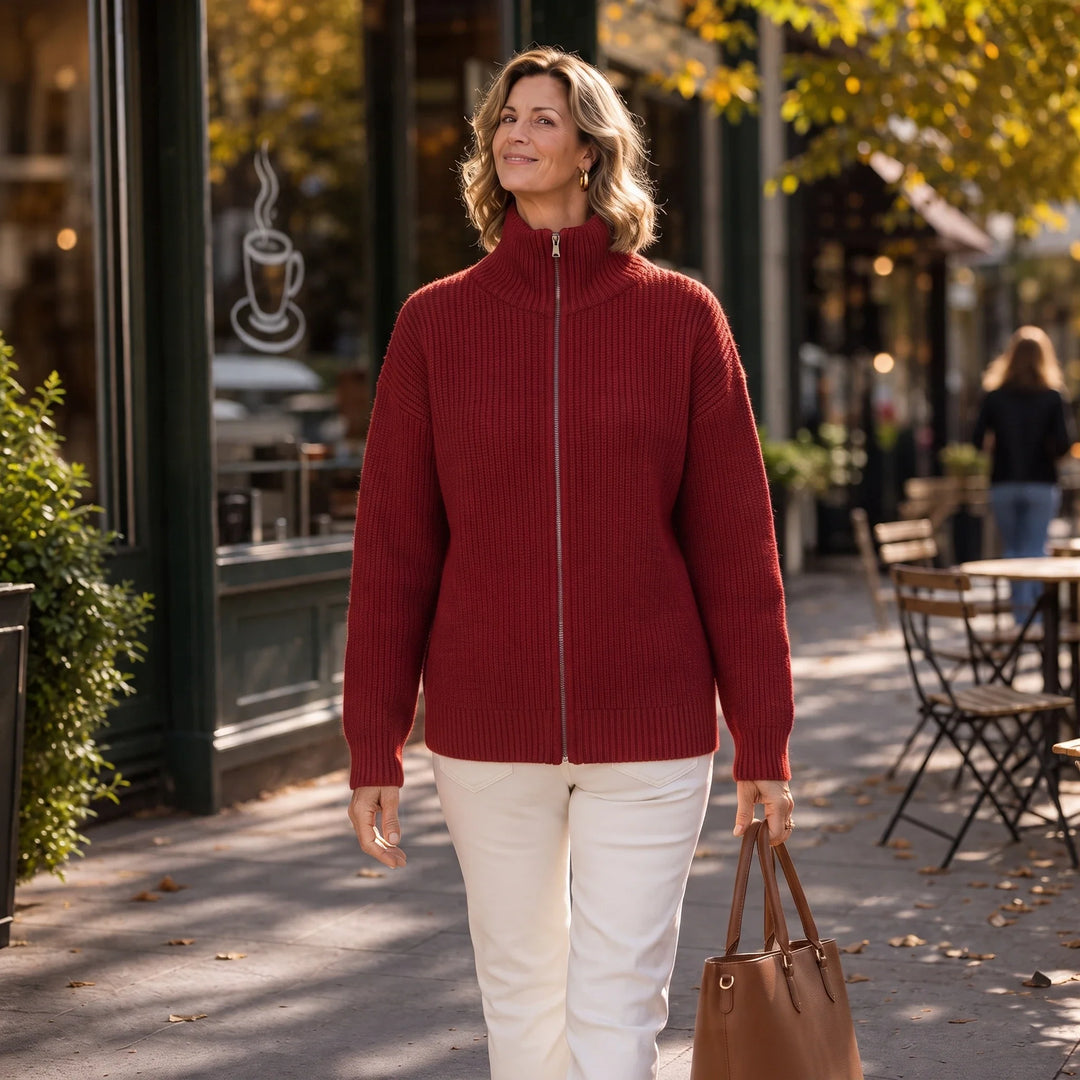 Ribbella – Ribbed Knit Full-Zip Collared Cardigan