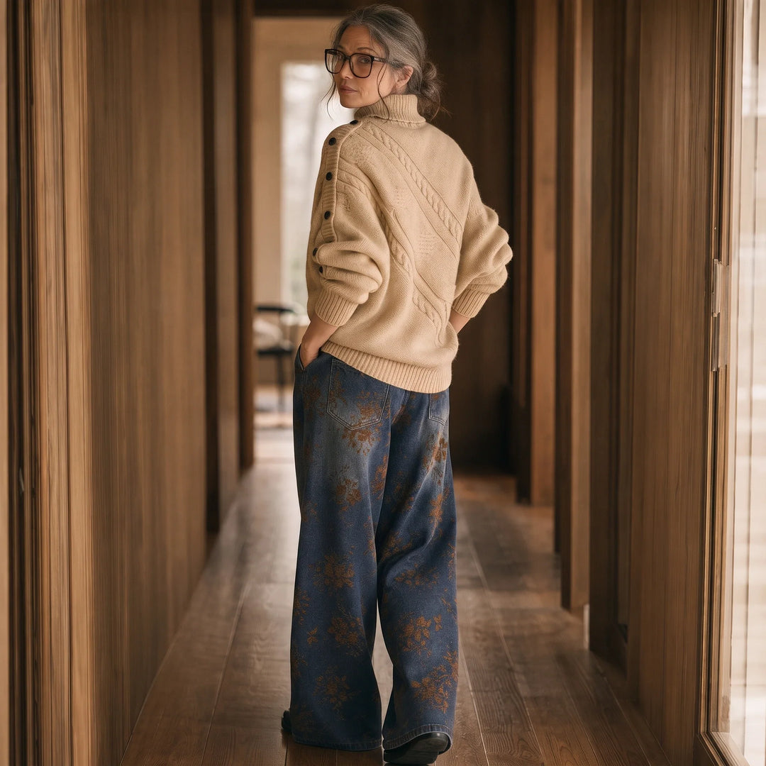 Cabledge – Diagonal Cable-Knit Button-Neck Sweater