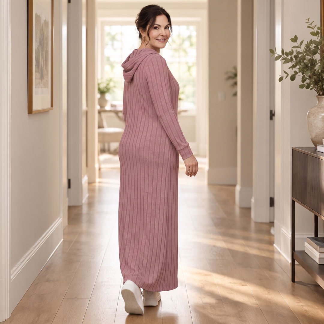 Ribwarm – Hooded Ribbed-Knit Maxi Sweater Dress