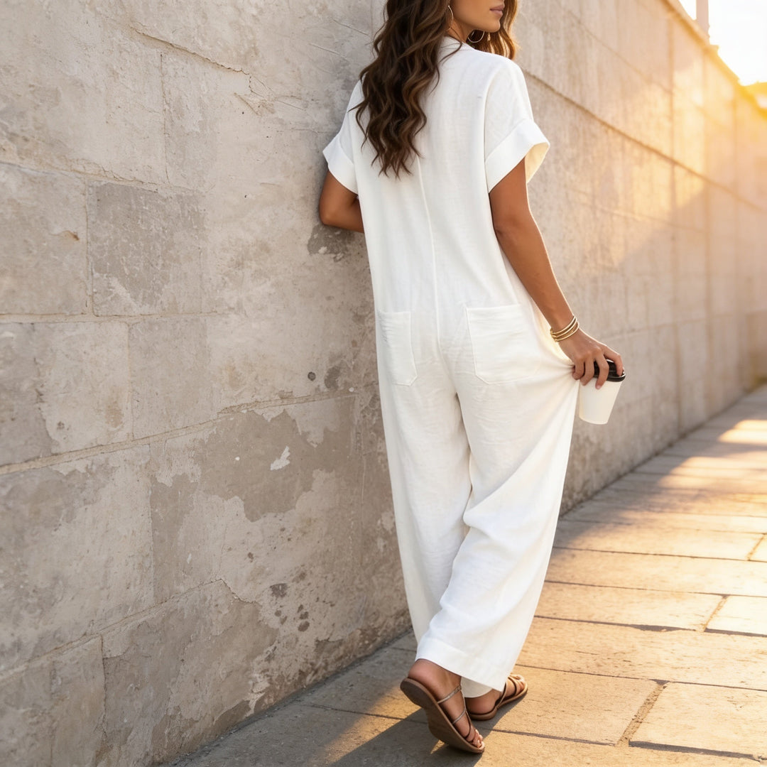 Fauxmalwear – Wide-Leg Button-Front Shirt Collar Jumpsuit