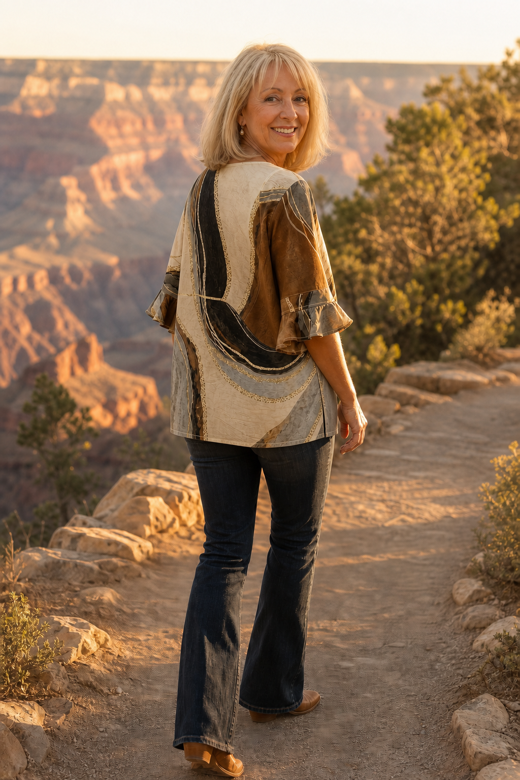 Ombralyn – Ombre V-Neck Mid-Sleeve Button-Front Blouse