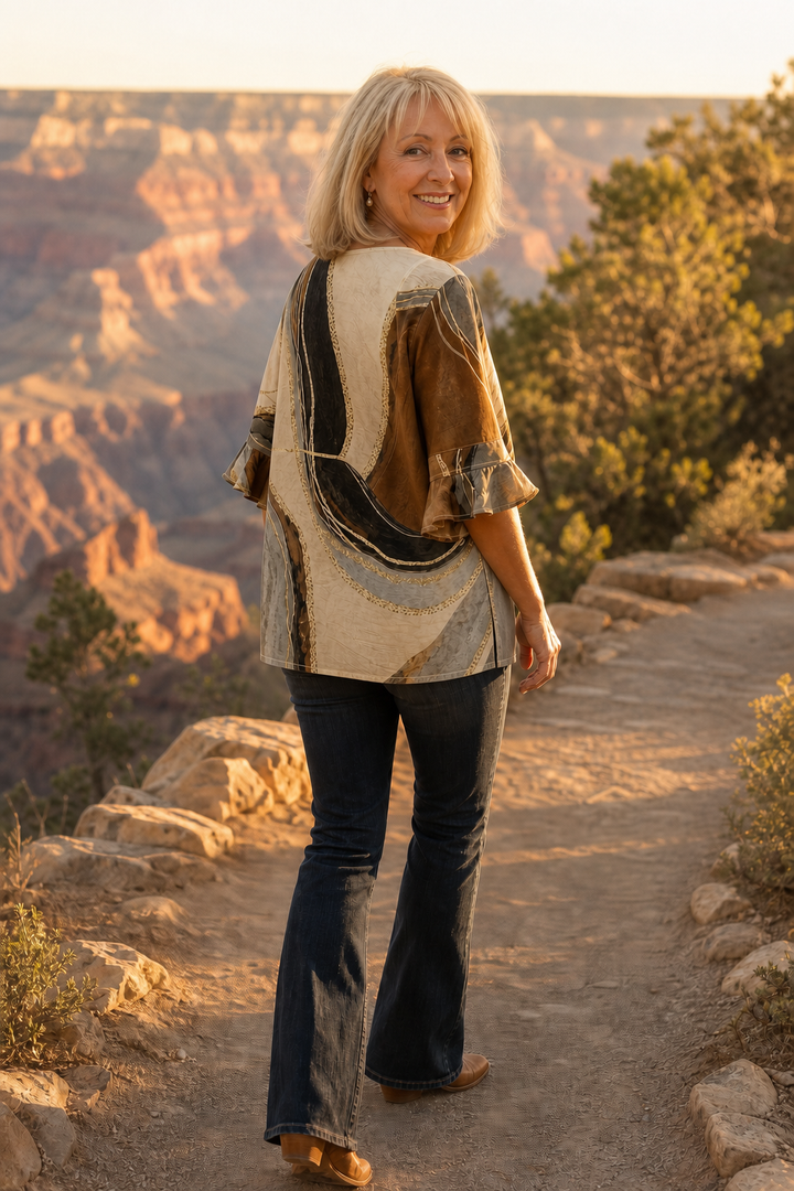 Ombralyn – Ombre V-Neck Mid-Sleeve Button-Front Blouse