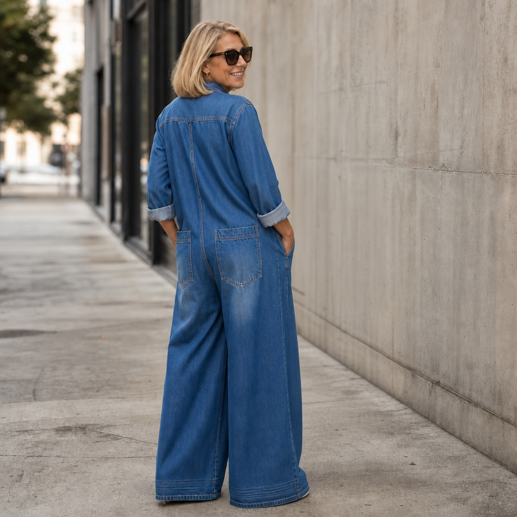 Everleigh – Wide-Leg Button-Front Denim Jumpsuit