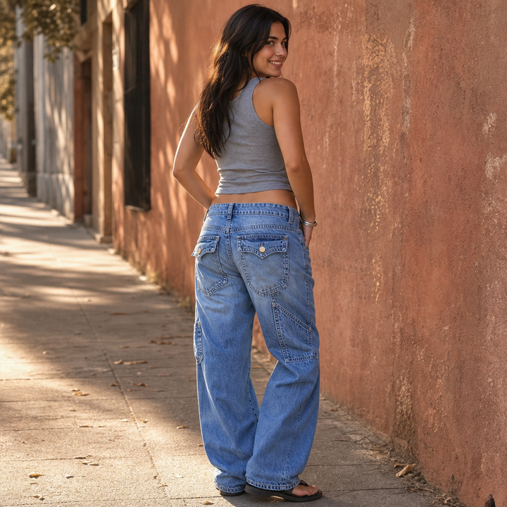 Ease & Grace – Light-Wash Baggy Cargo Jeans